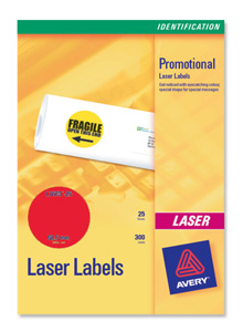 Avery Promotional Labels Laser Circular 12 per Sheet Dia.63.5mm Neon Red Ref L7670R-25 [300 Labels]