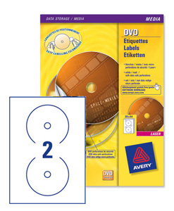 Avery CD/DVD Labels Laser Colour 2 per Sheet Dia.117mm DVD-safe Matt White Ref L7776-25 [50 Labels]
