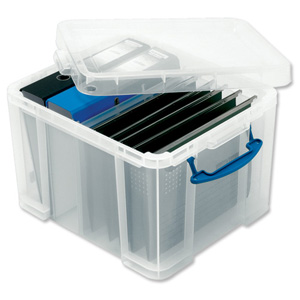 Really Useful Filing Box Plastic 35 Litre Clear with 5 Suspension and 2 Lever Arch Files Ref 35C&5susp