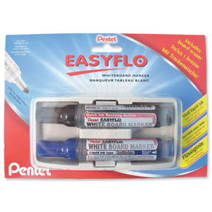 Pentel Easyflo Whiteboard Eraser Kit with 2 Drywipe Marker Pens Black and Blue Ref XMW50MER2-AC