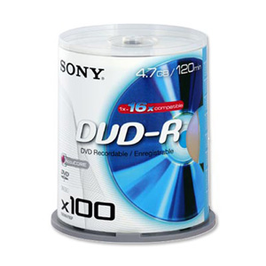 Sony DVD-R Recordable Disk Write-once on Spindle 16x Speed 120min 4.7Gb Ref 100DMR47BSP [Pack 100]