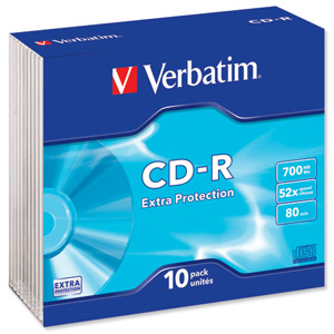 Verbatim CD-R Recordable Disk Slim Cased Write-once 52x Speed 80 Min 700Mb Ref 43415 [Pack 10]