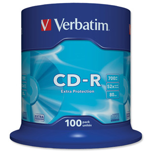 Verbatim CD-R Recordable Disk on Spindle 52x Speed 80min 700Mb Ref 43411 [Pack 100]