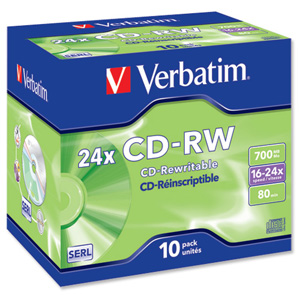 Verbatim CD-RW Rewritable Disk Cased 16x-24x Speed 80min 700Mb Ref 43192 [Pack 10]