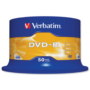 Verbatim DVD-R Recordable Disk Write-once on Spindle 16x Speed 120min 4.7Gb Ref 43548 [Pack 50]