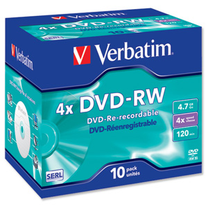 Verbatim DVD-RW Rewritable Disk Cased 4x Speed 120min 4.7Gb Ref 43486 [Pack 10]