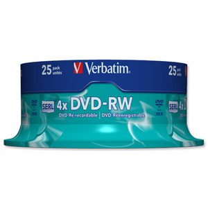 Verbatim DVD-RW Rewritable Disk Spindle 1x-4x Speed 120min 4.7Gb Ref 43639 [Pack 25]