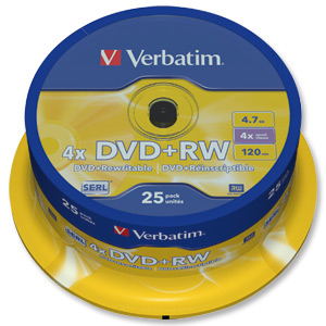 Verbatim DVD+RW Rewritable Disk Spindle 1x-4x Speed 120min 4.7Gb Ref 43489 [Pack 25]