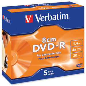 Verbatim 8cm DVD-R for Camera Slim Case Speed 4x Capacity 1.4GB Ref 43510 [Pack 5]