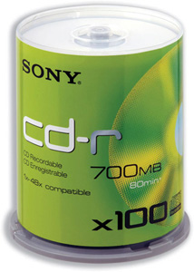Sony CD-R Recordable Disk Write-once on Spindle 48x Speed 80Min 700Mb Ref 100CDQ80NSPD [Pack 100]