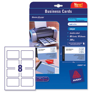 Avery Quick and Clean Business Cards Inkjet 260gsm 8 per Sheet Matt Coated Ref C32015-10 [80 Cards]