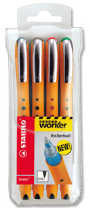 Stabilo Bionic Worker Rollerball Pen Soft Grip Fine 0.8mm Tip 0.6mm Line Assorted Ref 2018-4 [Wallet 4]