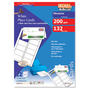 DECAdry Place Cards for Folding 200gsm 6 per A4 Sheet 85x46mm when Folded Ref OCB3713-3 [Pack 132 Cards]