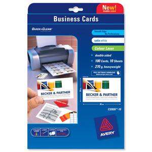 Avery Quick and Clean Business Cards Laser 270gsm 85x54mm Satin Ultra White Ref C32026-10 [Pack 100]