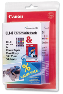 Canon CLI-8 CHROM Inkjet Cartridge Tricolour and Inkjet Paper Ref 0621B015