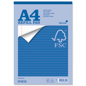 Silvine Refill Pad FSC Paper Feint Headbound Ruled Margin 4-Hole Punched 160pp A4 Ref FSCRP80 [Pack 5]