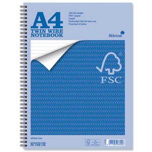 Silvine Notebook Twin Wirebound FSC Paper Perforated 160pp A4 Ref FSCTW80 [Pack 5]