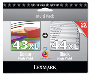 Lexmark No43XL/44XL Inkjet Cartridges Page Yield 500pp Black and Colour Ref 80D2966 [Pack 2]