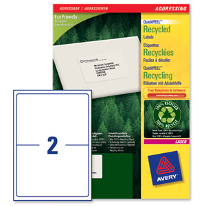 Avery Addressing Labels Laser Recycled 2 per Sheet 199.6x143.5mm White Ref LR7168-100 [200 Labels]