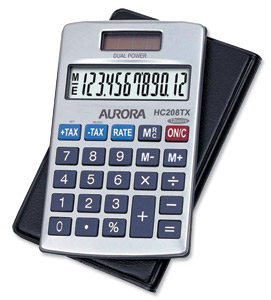 Aurora Calculator Handheld Tax Programmable Solar and Battery Power 12 Digit 3 Key Memory Ref HC208TX