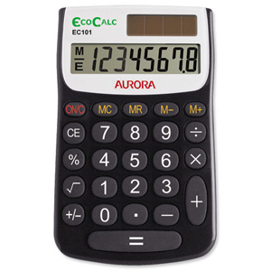 Aurora EcoCalc Calculator Handheld Recycled Solar Power 8 Digit 4 Key Memory Ref EC101
