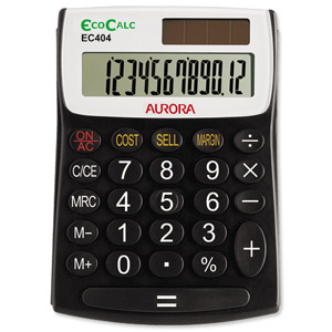 Aurora EcoCalc Calculator Desktop Recycled Solar Powered 12 Digit 3 Key Memory Ref EC404