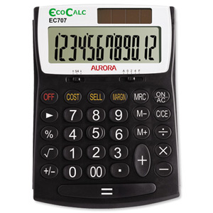 Aurora EcoCalc Calculator Desktop Large Recycled Solar and Battery Power 12 Digit 3 Key Memory Ref EC707