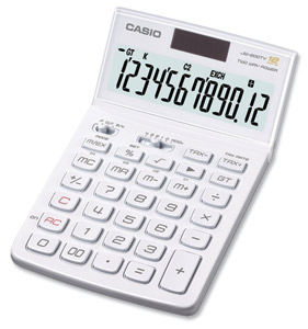 Casio Calculator Desktop Tax Currency Solar and Battery Power 12 Digit 4 Key Memory White Ref JW-200TV