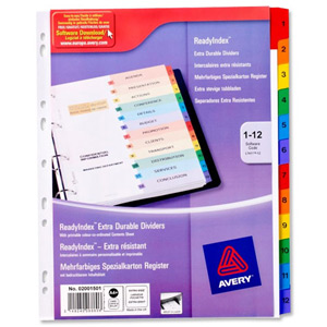 Avery ReadyIndex Dividers with Coloured Contents Sheet Matching Mylar Tabs Extra Wide 1-12 Ref 2001501