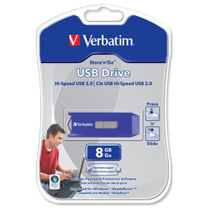 Verbatim Store n Go USB Drive Retractable with Security Software Read 11MB/s Write 8MB/s 8GB Ref 47333