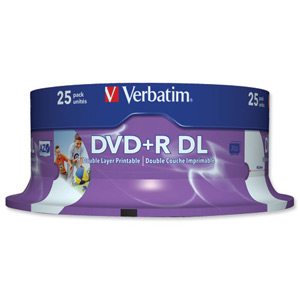 Verbatim DVD+R Recordable Disk Double Layer Printable Spindle 8x 240min 8.5Gb Ref 43667 [Pack 25]