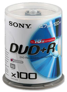 Sony DVD+R Recordable Disk Write-once on Spindle 16x Speed 120min 4.7GB Ref 100DPR120BSP [Pack 100]