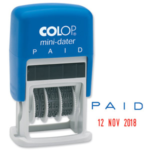 Colop S160-L2 Mini Text Dater Stamp PAID 12 Years Self-Inking Imprint 26x13mm Red/Blue Ref 14560200