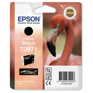 Epson T0871 Inkjet Cartridge UltraChrome Hi-Gloss2 Flamingo Page Life 5630pp Photo Black Ref C13T08714010 Ident: 804I