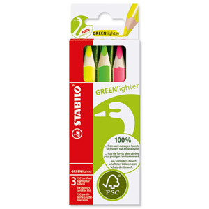 Stabilo Greenlighter Highlighter Pencil FSC Line Width 5.5mm Assorted Ref 6007/3 [Wallet 3]