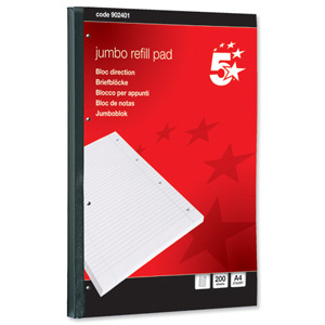 5 Star Jumbo Pad Feint Sidebound Ruled with Margin 60gsm 4-Hole Punched 200 Sheets A4 [Pack 4]