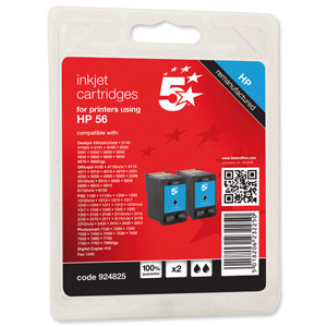 5 Star Compatible Inkjet Cartridge Page Life 900pp Black [HP No. 56A C9502AE Alternative] [Pack 2] Ident: 809C