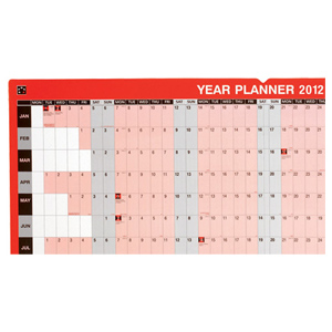 5 Star 2012 Year Planner Laminated Mounted January to December Write-on Wipe-off W915xH610mm