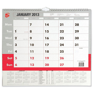 5 Star 2013 Wall Calendar Wirebound Write-on Continuous Dates 12 Month Fiscal Week W420xH297mm A3